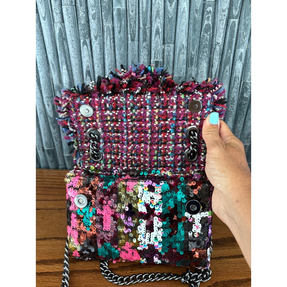 Kurt Geiger London Kensington Mini Sequin Tweed Multi Color Chain Crossbody Bag - Picture 6 of 9